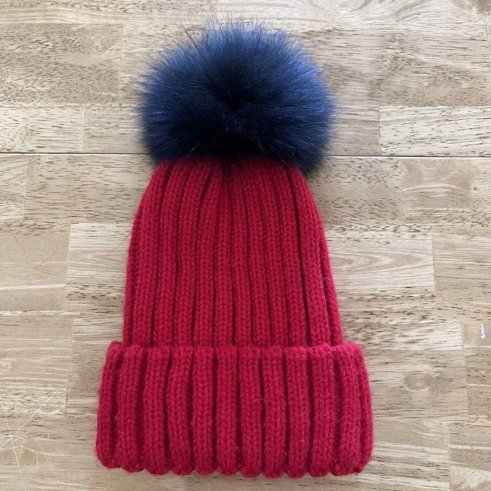 Winter Beanie Hat Cap Womens With Fur Pom‎ Pom Red Black Ribbed